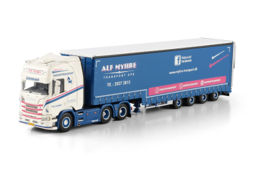 WSI Models 01-4933 Alf Myhre SCANIA R HIGHLINE CR20H 6X2 TAG AXLE SEMI WITH CURTAIN AND RAMPS - 4 AXLE