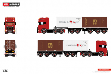 WSI Models 01-5058 BACA SCANIA R6 TOPLINE 6X2 TWIN STEER 2CONNECT COMBI TRAILER - 5 AXLE + 2X 20FT CONTAINER