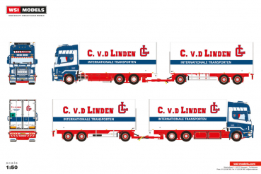 WSI Models 01-4764 C. V.D. LINDEN SCANIA R4 TOPLINE RIGED REEFER TRUCK 6X2 TAG AXLE RIGED REEFER DRAWBAR TURNTABLE TRAILER - 6 AXLE