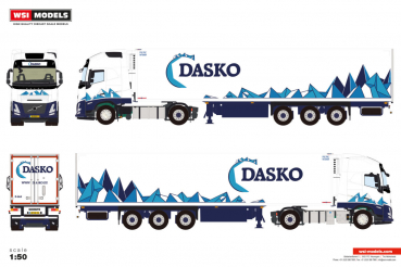 WSI Models 01-4834 DASKO VOLVO FH AERO GLOBETROTTER XL 4X2 REEFER TRAILER - 3 AXLE
