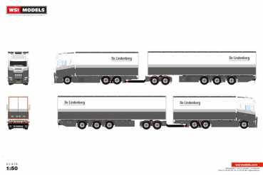 WSI Models 01-5213 DE LINDENBORG SCANIA S HIGHLINE CS20H RIGED REEFER TRUCK 6X2 TAG AXLE REEFER TRAILER - 3 AXLE + LZV DOLLY LOW