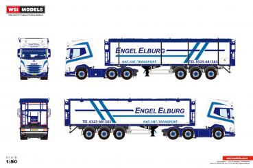 WSI Models 01-5328 ENGEL ELBURG DAF XF SH WITH SKY LIGHTS 6X2 TWIN STEER BELT TRAILER - 3 AXLE