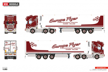 WSI Models 01-5085 Europe Flyer SCANIA 4 SERIES TOPLINE 6X2 TWIN STEER REEFER TRAILER - 3 AXLE