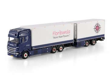 WSI Models 01-4796 FLORIBUNDA SCANIA S HIGHLINE CS20H RIGED REEFER TRUCK 6X2 TAG AXLE RIGED REEFER DRAWBAR CENTRE-AXLED TRAILER - 5 AXLE