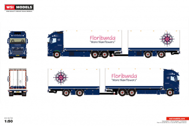 WSI Models 01-5346 FLORIBUNDA VOLVO FH5 GLOBETROTTER XL 6X2 TAG AXLE RIGED REEFER TRUCK DRAWBAR TRAILER - 5 AXLE