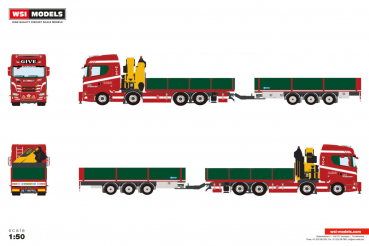 WSI Models 01-5069 GIVE SCANIA S HIGHLINE CS20H RIGED FLATBED TRUCK 8X2 TAG AXLE FLATBED DRAWBAR TRAILER - 3 AXLE WITH PALFINGER PK 480 TEC