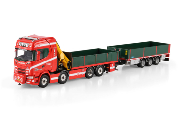 WSI Models 01-5069 GIVE SCANIA S HIGHLINE CS20H RIGED FLATBED TRUCK 8X2 TAG AXLE FLATBED DRAWBAR TRAILER - 3 AXLE WITH PALFINGER PK 480 TEC