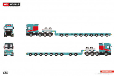 WSI Models 01-5265 GRUBER SCANIA R HIGHLINE CR20H 8X4 MANOOVR WITH 2 AXLE DOLLY - 7 AXLE