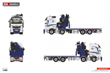 WSI Models 01-5381 HELLERØD TRANSPORT VOLVO FH5 GLOBETROTTER RIGED FLATBED TRUCK 8X2 TAG AXLE WITH FASSI 1100 + JIB