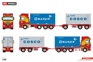 WSI Models 01-4932 HENK VLOT TRANSPORT DAF 95XF SUPER SPACE CAB RIGED CONTAINER FRAME TRUCK 8X2 TRIDEM RIGED CONTAINER FRAME TRUCK DRAWBAR TRAILER - 7 AXLE