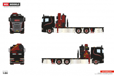WSI Models 01-5274 HIJSEN IN HET NAUW SCANIA R FLAT ROOF SLEEPER CAB RIGED FLATBED TRUCK 6X2 TAG AXLE WITH PALFINGER PK 65002 SH + JIB
