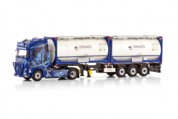 WSI Models 01-4424 Ingo Dinges VOLVO FH5 GLOBETROTTER XL 4X2 FLEX CONTAINER TRAILER - 3 AXLE + 2X 20FT TANK CONTAINER