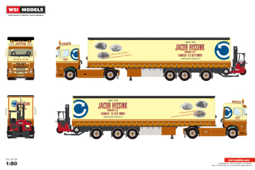 WSI Models 01-5388 JACOB HISSINK VOLVO FH5 SLEEPER CAB 4X2 TRIDEC CURTAINSIDE TRAILER - 3 AXLE TRUCK MOUNTED FORKLIFT