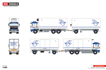 WSI Models 01-5373 KAJ MADSEN VOLVO F12 RIGED REEFER TRUCK 6X2 TAG AXLE RIGED REEFER DRAWBAR TURNTABLE TRAILER - 2 AXLE