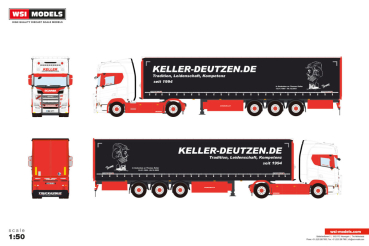 WSI Models 01-5601 KELLER TRANSPORTE SCANIA R HIGHLINE CR20H 4X2 CURTAINSIDE TRAILER - 3 AXLE