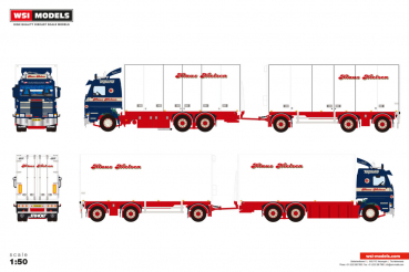 WSI Models 01-4897 KLAUS NIELSEN SCANIA 3 SERIES 6X2 TAG AXLE RIGED BOX TRUCK DRAWBAR TRAILER - 6 AXLE