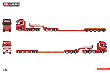 WSI Models 01-5134 KLOSTER A/S VOLVO FH5 GLOBETROTTER XL 8X4 LOW LOADER WITH DOLLY 3 AXLE - 8 AXLE