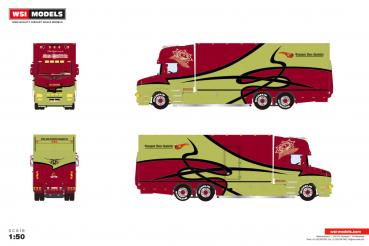 WSI Models 01-5389 KOEN HENDRICKX SCANIA 4 SERIES TORPEDO TOPLINE RIGED BOX TRUCK 6X2 TAG AXLE