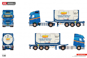 WSI Models 01-4927 L. VAN TIEL VOLVO FH5 GLOBETROTTER 4X2 30FT CONTAINER TRAILER - 3 AXLE + 20FT TANK CONTAINER