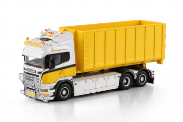WSI Models 01-4716 Lenz Gerüstbau SCANIA R6 HIGHLINE RIGED TRUCK WITH HOOKLIFT SYSTEM 6X2 TAG AXLE + 40M3 CONTAINER
