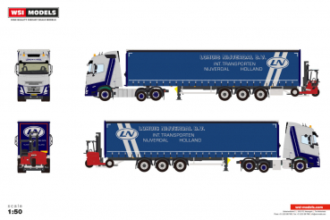 WSI Models 01-5376 LOHUIS NIJVERDAL VOLVO FH AERO GLOBETROTTER 6X2 MIDLIFT AXLE CURTAINSIDE TRAILER - 3 AXLE TRUCK MOUNTED FORKLIFT