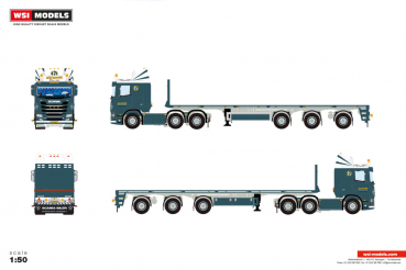 WSI Models 01-5452 M. VAN DEN HEUVEL SCANIA R FLAT ROOF SLEEPER CAB 6X2 TWIN STEER FLATBED TRAILER WIDE SPREAD - 3 AXLE