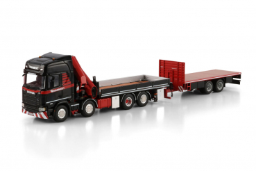 WSI Models 410319 MAMMOET SCANIA R HIGHLINE CR20H RIGED FLATBED TRUCK 8X2 TAG AXLE RIGED FLATBED TRUCK DRAWBAR TRAILER - 6 AXLE WITH PALFINGER PK 370 TEC