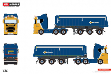 WSI Models 01-4993 OSKAM SCANIA R NORMAL CR20N 6X2 TWIN STEER TIPPER TRAILER - 3 AXLE
