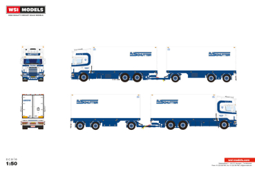 WSI Models 01-5566 R.J. SCHUTTER SCANIA 4 SERIES TOPLINE 6X2 TAG AXLE RIGED REEFER TRUCK DRAWBAR TRAILER - 6 AXLE