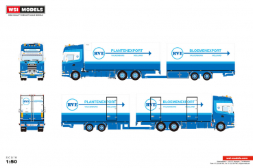 WSI Models 01-5223 RVE PLANTENEXPORT SCANIA R4 TOPLINE RIGED REEFER TRUCK 6X2 TAG AXLE RIGED REEFER DRAWBAR CENTRE-AXLED TRAILER - 2 AXLE