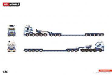 WSI Models 01-5264 SCHOONES B.V. VOLVO FH5 MY2024 GLOBETROTTER XL 10X4 TAG AXLE LOW LOADER WITH DOLLY 3 AXLE - 5 AXLE