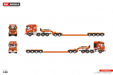 WSI Models 01-5430 SENN AG MERCEDES-BENZ AROCS MP4 2.300MM STREAM SPACE 8X6 LOW LOADER WITH DOLLY 2 AXLE - 4 AXLE