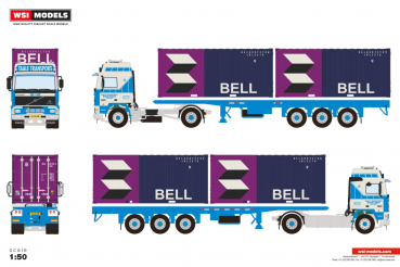 WSI Models 01-4824 TAALE TRANSPORT VOLVO F12 GLOBETROTTER 4X2 CLASSIC CONTAINER TRAILER - 3 AXLE + 2X 20FT CONTAINER