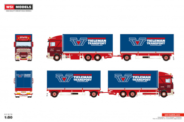 WSI Models 01-5473 TIELEMAN DAF 95XF SPACE CAB 6X2 TAG AXLE RIGED BOX TRUCK DRAWBAR TRAILER - 5 AXLE