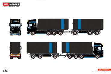 WSI Models 01-5428 TN SLOPEN & SANEREN SCANIA R HIGHLINE CR20H 8X2 TAG AXLE RIGED TRUCK DRAWBAR WITH HOOKLIFT SYSTEM - 7 AXLE + 2X 40M3 CONTAINER