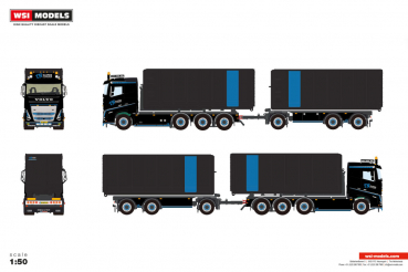 WSI Models 01-5429 TN SLOPEN & SANEREN VOLVO FH5 SLEEPER CAB 8X2 TAG AXLE RIGED TRUCK DRAWBAR WITH HOOKLIFT SYSTEM - 7 AXLE + 2X 40M3 CONTAINER