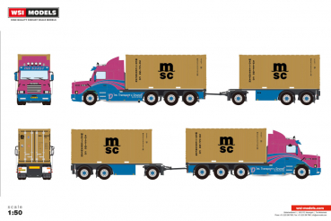 WSI Models 01-5409 VAN DRUNEN SCANIA 3 SERIES TORPEDO STREAMLINE RIGED CONTAINER FRAME TRUCK 8X2 TRIDEM RIGED CONTAINER FRAME TRUCK DRAWBAR TRAILER - 3 AXLE + 2X 20FT CONTAINER