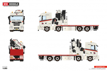 WSI Models 01-5197 VAN NOORT TRANSPORTEN SCANIA R NORMAL CR20N RIGED FLATBED TRUCK 8X2 TAG AXLE WITH FASSI 1100 + JIB