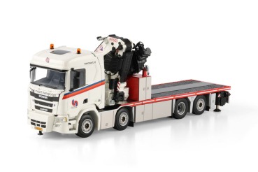 WSI Models 01-5197 VAN NOORT TRANSPORTEN SCANIA R NORMAL CR20N RIGED FLATBED TRUCK 8X2 TAG AXLE WITH FASSI 1100 + JIB