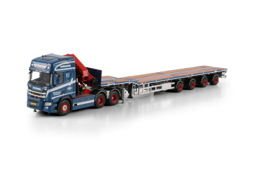 WSI Models 01-5159 VINDELSBAEK SCANIA R HIGHLINE CR20H 6X2 TAG AXLE TELESTEP FLATBED TRAILER - 4 AXLE WITH PALFINGER PK 65002 SH