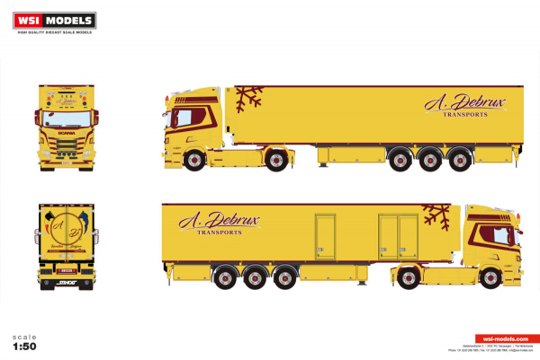 WSI Models 01-5258 A. DEBRUX SCANIA R HIGHLINE CR20H 4X2 REEFER TRAILER - 3 AXLE