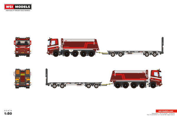WSI Models 01-5533 A. VAN GRUNSVEN DAF XF DL MY25 TIPPER TRUCK 10X4 LOW LOADER DRAWBAR TRAILER - 4 AXLE