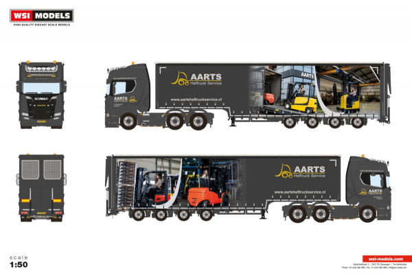 WSI Models 01-4908 AARTS HEFTRUCK SERVICE SCANIA R HIGHLINE CR20H 6X2 TWIN STEER SEMI WITH CURTAIN AND RAMPS - 4 AXLE