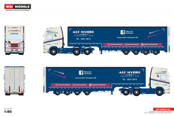 WSI Models 01-4933 Alf Myhre SCANIA R HIGHLINE CR20H 6X2 TAG AXLE SEMI WITH CURTAIN AND RAMPS - 4 AXLE