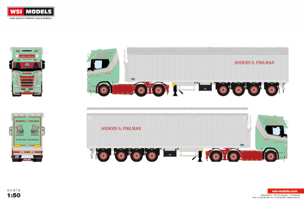 WSI Models 01-5151 ANDERS S. PIHLMAN SCANIA S HIGHLINE CS20H 6X2 TAG AXLE MOVING FLOOR TRAILER - 4 AXLE