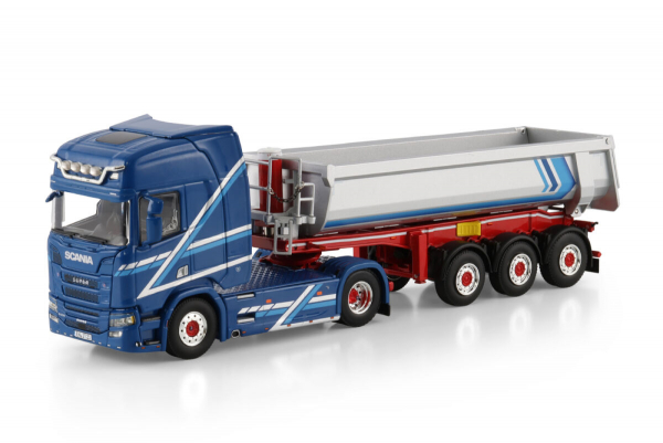 WSI Models 01-4820 AUGST SCANIA R HIGHLINE CR20H 4X2 HALF PIPE TIPPER TRAILER - 3 AXLE