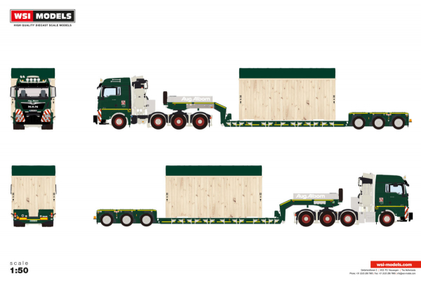 WSI Models 01-5250 August Alborn MAN TGX XLX EURO 6C FACELIFT 8X4 LOW LOADER - 3 AXLE HIGH WOODEN BOX WITH TOP SEAL
