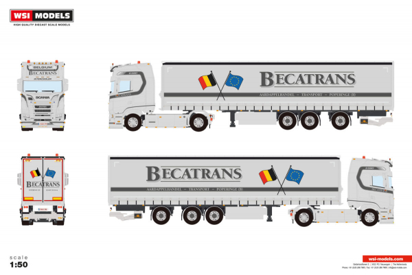 WSI Models 01-5290 BECATRANS SCANIA S HIGHLINE CS20H 4X2 TRIDEC CURTAINSIDE TRAILER - 3 AXLE