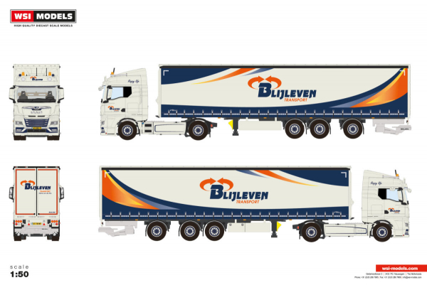 WSI Models 01-5087 BLIJLEVEN TRANSPORT MAN TGX GM 4X2 TRIDEC CURTAINSIDE TRAILER - 3 AXLE