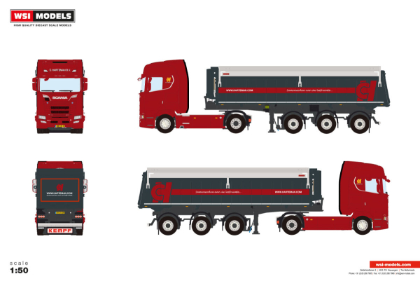 WSI Models 01-5553 C. HARTEMAN B.V. SCANIA S HIGHLINE CS20H 4X2 TIPPER TRAILER - 3 AXLE